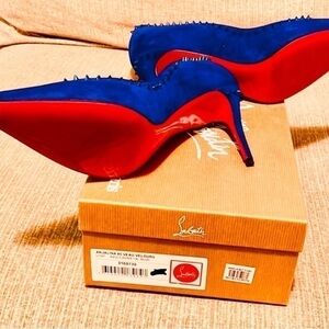 Christian Louboutin Blue Suede Spike Pointed-Toe Pumps with Red Soles